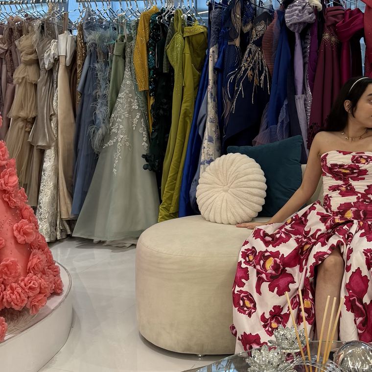 Couture gowns on a showroom rail