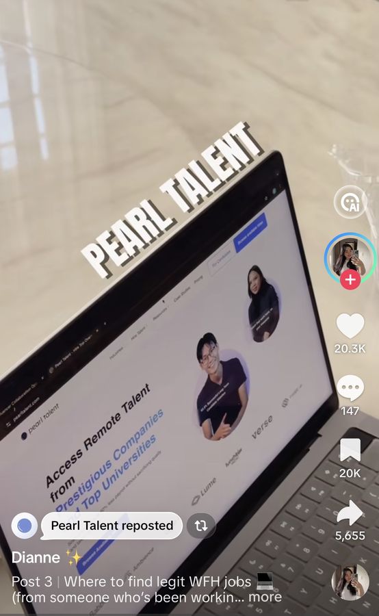 TikTok post by creator Dianne, reposted by Pearl Talent
