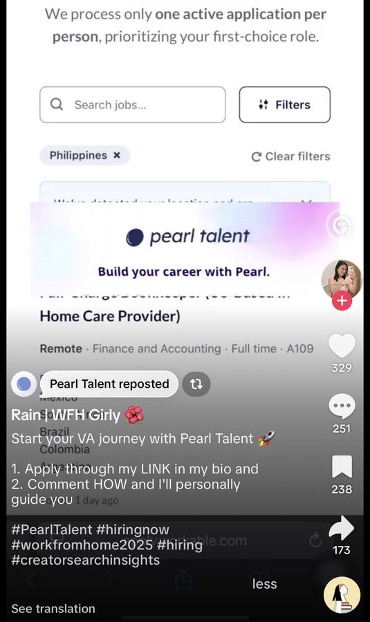 TikTok post by creator Rain, reposted by Pearl Talent